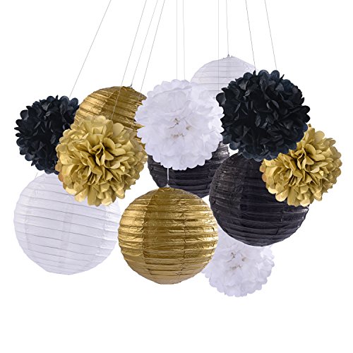 Outus 6 Stück Pom Poms Tissue-Papier Papierblumen und 6 Stück Papier Laternen Weiß Schwarz Gold mit Weißen Band für Party Geburtstag Dekoration
