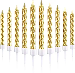 Priya Party Decoration 10 Pieces Birthday Candles Spiral Cake Candles Metallic Cupcake Candles Long Thin Cake Candles in Holders for Birthday Wedding Party Cake Decorations (Golden)