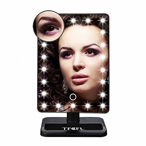 TFCFL Touchscreen LED Make-up Spiegel mit Lichter, 22 LED beleuchtete Vanity Kosmetik Spiegel mit abnehmbaren 10x Vergrößerungsspiegel für Tischplatte, Badezimmer, Schlafzimmer, Reisen, Rasieren, Schwarz