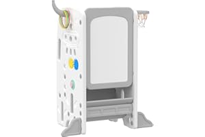 Gupamiga Torre de Aprendizaje Montessori para Infantil, Antivuelco, Regulable en Altura, Peldaños Antideslizantes, con Funciones de Entretenimiento como Pintar, Baloncesto （Blanco） SST- 04