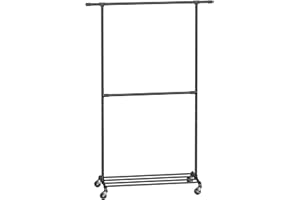 SONGMICS Industrial Clothes Rack on Wheels, Maximum load of 110 Kg, Double Garment Hanging Rod, Heavy Duty Commercial Display, Black HSR62BK