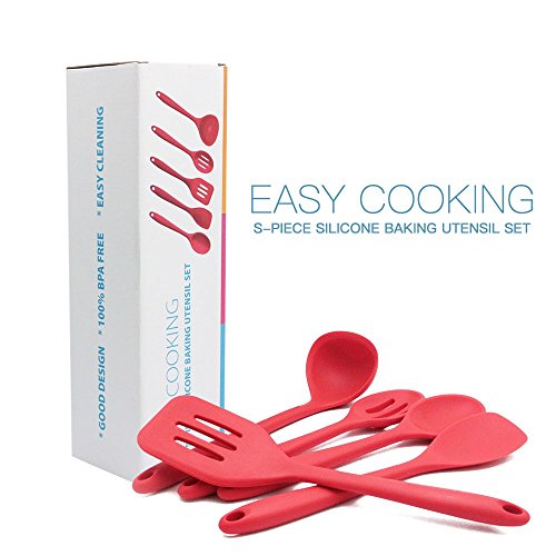 Silikon Küchenhelfer Set,Zilong Küchenzubehör,Löffel,Schöpfkelle,Pfannenwender,Spatel,Schaumlöffel hitzebeständig,Perfekt für Kochen,Braten,Suppen usw,mit Gesund,Preiswert und Praktisch,Rot,5Stk (BPA Frei) - 8