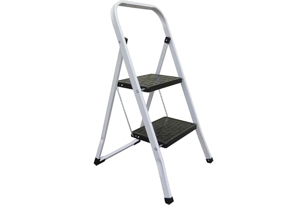 MSV - Escabeau Pliant 2 Marches en Acier - Capacité 150 kg - Norme GS Sécurité - Design Compact et Pliable, Gain de Place - Pieds Antidérapants - Blanc