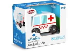 TOBAR Rettungsauto - Sound&Play: Schönes Rettungsauto aus Holz, mit Sirenen-Sound und fantastischem Design. Freilaufende Räder. Größe: ca. 9 cm, Weiß