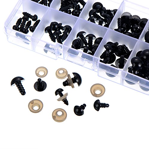 Outus 100 Stück 6 bis 12 mm Kunststoff Sicherheitaugen Schwarze Solide Augen mit Unterlegscheiben für Teddy, Bär, Puppe, Puppe und Handwerk - 3