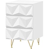EUGAD Bedside Table with 3 Drawers 3D Effect White and Gold, Metal Legs, 40 x 40 x 62.5 cm, Elegant Modern Side Table for Bed