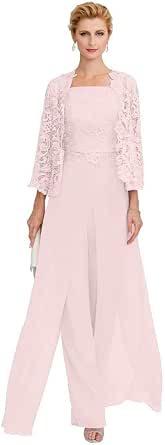 WAZA Tailleur Pantalone/Tuta Abito Lungo Fino al Pavimento per la Madre  della Sposa in Chiffon/Pizzo con Filo con Applicazioni/Pizzo/Spacco sul  Davanti : Amazon.it