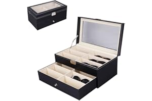 MAGIC SELECT Scatola per Occhiali. Espositore di Occhiali a 8-12-18 Scomparti con Coperchio in Vetro Trasparente, Chiusura con Chiave, Cassetto e Morbida Fodera Interna.