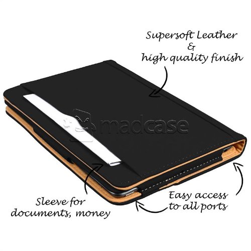 Apple iPad mini Madcase Ledertasche Tasche Etui Cover Case mit Dokument Hülse und Auto Schlaf – Wach Funktion premium Leder – schwarz - 3