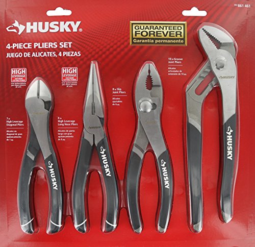 Husky861461 4 Piece High Leverage Multi-Use Pliers Set with Diagonal, Long Nose, Slip Joint, and Groove Joint Pliers