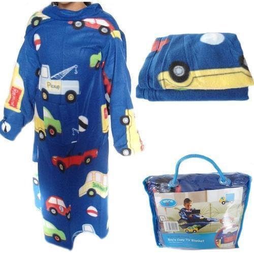 SNUGGLE UP KIDS BOYS &amp; GIRLS COSY TV BLANKET SOFT FLEECE WITH SLEEVES &amp; POCKET (Blue-Cars)