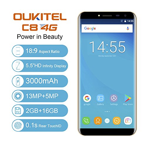 OUKITEL C8 4G Smartphone Ohne Vertrag 5,5 Zoll (18:9 VerhÃ¤ltnis Vollbild) 2.5D HD IPS Android 7.0 Dual SIM MT6737 Quad Core 2GB RAM+16GB ROM 3000mAh 13MP+5MP Kameras Fingerabdruck(Golden)