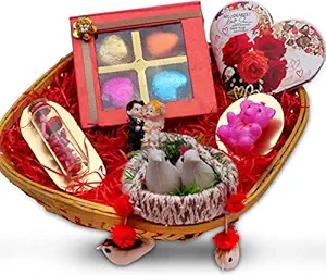 Valentines Day Gift for Boyfriend/Girlfriend/Valentines Day Chocolate Gift-Decorated Basket+Chocolate Box+Couple Statue+Teddy Shaped Candle+Cute nest of Bird+Message Bottle+Valentines Card