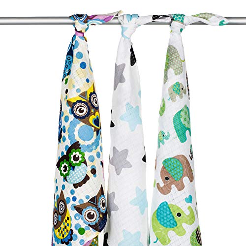 Paquete de 3 Muselinas con Búhos Bonitos de 100% Algodón Natural, Envolturas de bebé, Pañales cuadrados, Mantitas de arrullo, Manta para dormir, Toallita, Regalo Perfecto Para Los Recién Nacidos