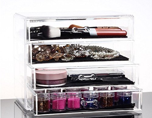 Feibrand Acrylic Transparent Cosmetic Makeup Organiser Holder with 4 Drawers Extra Wide and Larger Space