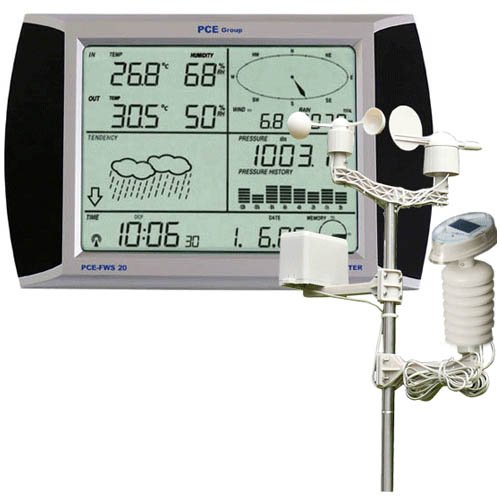 PCE-FWS 20 Funkwetterstation, mit Windgeschwindigkeit und -richtung, Niederschlag, Feuchtigkeit, USB, Software, Touchscreen