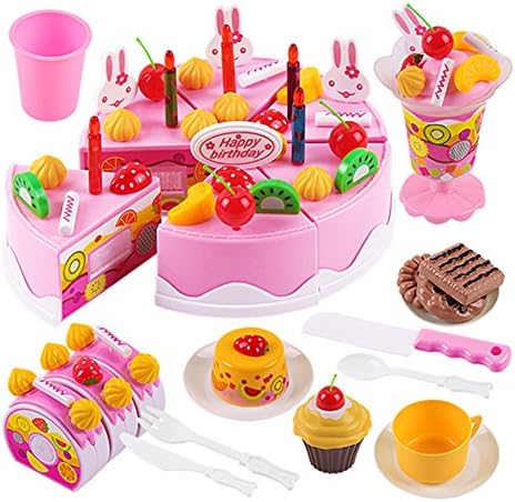 hscd1976 75Pcs Kids Role Pretend Play Toy Birthday Cake Dessert Icecream Tea Set - Pink