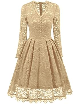 Kleider Damen, Dasongff Frauen V-Ausschnitt Abenkleid Elegant Kleid Langarm Spitze Kleider Vintage Brautjungfer...