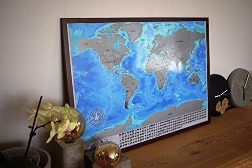 Scratchable Map with Brown Frame - Detailed Blue Scratchable Travel Map (Brown Frame)