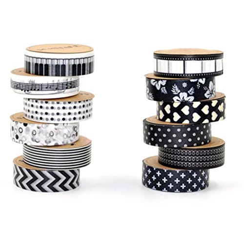10m 12pcs Cinta Washi Serie En Blanco Y Negro Adhesivo Bricolaje Etiqueta De Papel 1 5cm