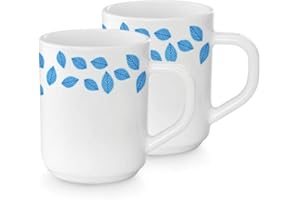 Larah By Borosil Glass Blue Leaves 2 Piece Mug Set, 240 ML