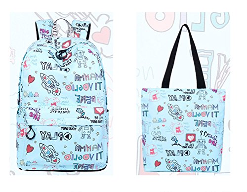 Preisvergleich Produktbild Winnerbag Casual wasserdichtes Gewebe Frauen Rucksäcke süße Rakete Muster drucken Mädchen Jugend reisen Laptop Mochila set Blau 14 Zoll
