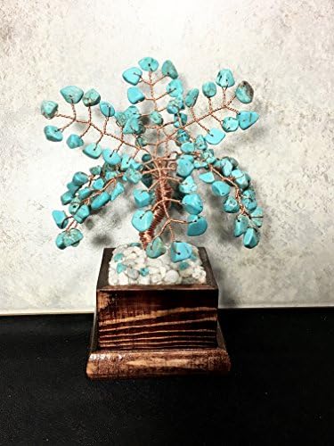 Turquoise Crystal Gemstone Bonsai Tree Of Life,Feng Shui, Wire Art Décor, Healing Gemstone Wire Tree Sculpture In Wood Pot, Money Tree