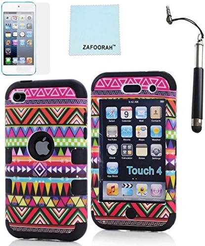 ZAFOORAH® Case Cover for Apple iPod Touch 4 4th Generation Multiple designs +Free Stylus+Screen Protector+Microfiber Cloth (Shock Proof Tribal Design - 3 Layers - BLACK)