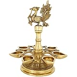 Handmade Indian Brass Oil Lamp - Set of 7 Diya Lamp Peacock - 10 x 9 Inch-Perfect for Puja,3.4 Kg