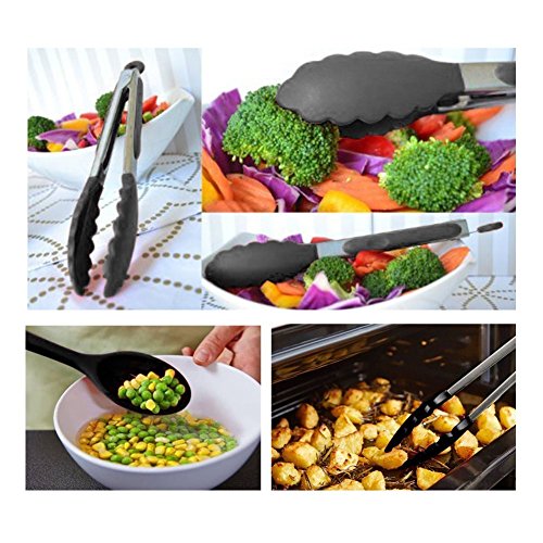 Cookey 10 Stück Silikon Geschirr Küche Kochutensilien mit Silikon und Hygiene Beschichtung, hitzebeständige Küchengeräte Perfekt für alle Arten von Kochen Mit GrillZange, Schneebesen, Bürste, Spatel, Schaumlöffel, Löffel Nudeln, Reis Paddel, Kelle, Suppenlöffel Hitzebeständige Koch und Backzubehör (Schwarz) - 6