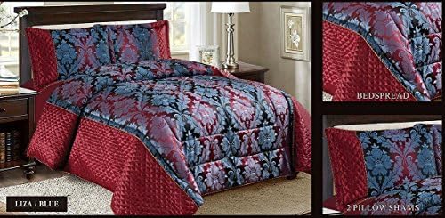 3PC Beautiful Heavy Jacquard Quilted Bedspread Comforter Set - All sizes (King, Liza Blue)