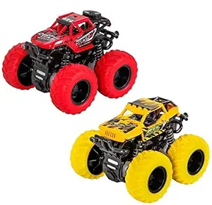 device of urban infotech monster trucks toys for boys, mini push and go cars set 360 degree rotation 4 wheels drive durable friction powered monster truck toys for kids (pack of 2)- Multi color