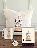 ALDIVO Happy Birthday Combo of Make a Wish Printed Ceramic Coffee Mug, Greeting Card, Key Ring and Cushion Cover with Filler, 12x12inch(White)