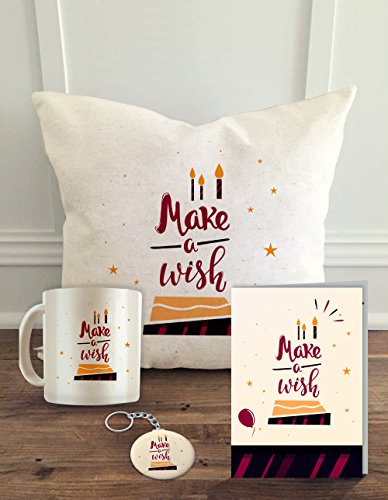 ALDIVO Happy Birthday Combo of Make a Wish Printed Ceramic Coffee Mug, Greeting Card, Key Ring and Cushion Cover with Filler, 12x12inch(White)