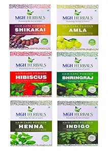 MGH Herbals 100% Natural Organic Amla, Shikakai, Bhringraj, Hibiscus, Henna, Indigo Powder For Hair Care Combo Each 100Gms