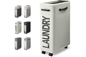 Rieeyrslza Składany Kosz na Pranie na Kółkach 45L Wolnostojący Kosz na Pranie na Kółkach Składany Wodoodporny Sorter na Pranie Bardzo Wąski Kosz na Pranie Nadaje się do Domu (Beżowy o2)