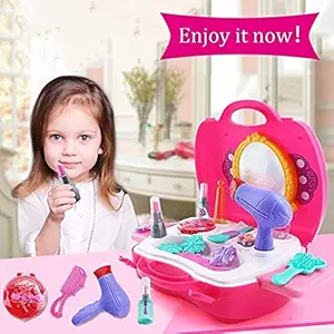 TACOFY Portable Briefcase Shape 3 in 1 Mobile Hair Salon Set Role Play Pretend Toy Make up kit Beauty Set Toy with Accessories for Kids Girls Boys with Free One Reusable Mask