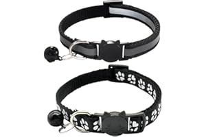 Qinao 2Pack Cat Collars Quick Release Reflective Kitten Collar with Bell & Safety Release (Black)