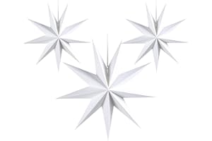 SUNBEAUTY Paper Christmas Stars Lanterns, 3PCS 12 Inch 9-Pointed Star Christmas Tree Decorations, Decorations Hanging White Paper Stars, Christmas Hanging Star Wedding Christmas Home Decorations
