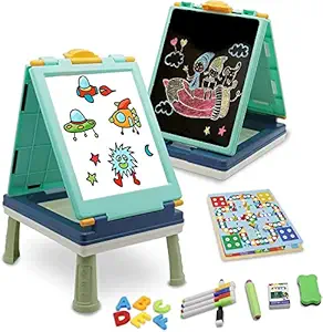 DHYANEXA Art Easel for Kids, Double Sided Activity Magnet Black&Whiteboard & Chalkboard Tabletop Easel with Art Accessories, Portable Toddler Dry Erase Drawing Board with Alphabet & Numbers Set