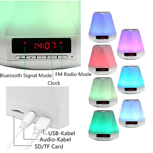 SOLMORE LED Bluetooth Lautsprecher Speaker Lampe Lichtwecker Multi Funktion Farbwechsel Stimmungslicht Mini Nachtlich Wecker Wireless Stereo Musik Sound Spielen mit Eingebauten Wiederaufladbaren 1500mAh Batterie/ USB Kabel /TF Karte Unterstützt für Handy Smartphone Tablets Laptop PC und andere Bluetooth Geräte für Tischlampe Schreibtischlampe Tischdeko Kinder Zimmer Outdoor Camping Geschenke - 4