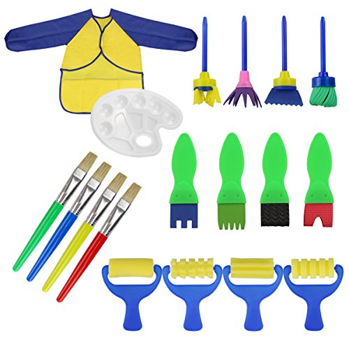 Runfon 18 PCS Brosses de Peinture Enfant Pinceaux Ensemble Enfants Éponge Dessin Art DIY Outils avec Palette et Tablier Rouleaux de Peinture