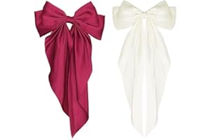 SJBAUTYO 2 Pièces Arcs à Cheveux Grand Pinces à Cheveux,Epingle à Cheveux Noeud Papillon avec Queue en Satin Soyeux Barrettes,pour Filles Femmes Barrettes à Cheveux en Ruban,Vin rouge,Blanc cassé