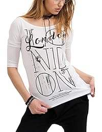 trueprodigy Casual Mujer marca Camiseta Manga Larga estampado ropa retro vintage rock vestir moda cuello redondo manga larga slim fit designer cool urban fashion top shirt color blanco 1073536-2000