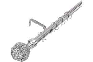 Lister Cartwright 28mm Polished Steel Adjustable Extendable Metal Curtain Pole Set Rings with Knotted Ball Finial Voile Easy fit to Outdoor, Bedroom, Living Room (120-220 cm)