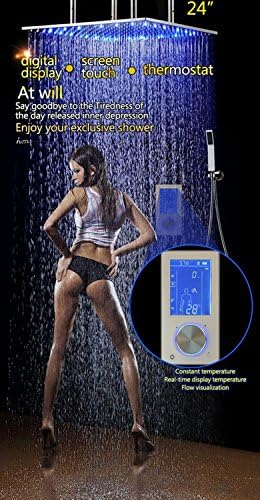 Tw Intelligent Digital Display Rain Shower Set Installed in wall 2 Jets LED 24" Rainfall Thermostatic Touch Panel Mixer