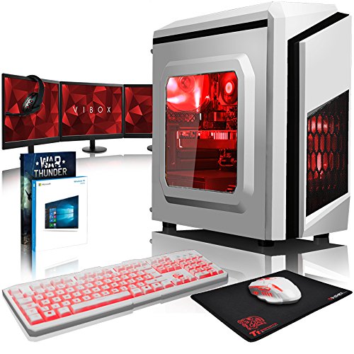 VIBOX Pyro GS770-524 Komplett-PC Paket Gaming PC - 4,2GHz Intel i7 Quad Core CPU, GTX 1070, leistungsfähig, Desktop Gamer Computer mit Spielgutschein, 3x Dreifach 22" Monitor, Weiß Tastatur & Mouse, Windows 10, Rot Innenbeleuchtung, lebenslange Garantie* (3,6GHz (4,2GHz Turbo) Superschneller Intel i7 7700 Kabylake Quad 4-Core Prozessor CPU, Nvidia GeForce GTX 1070 8GB Grafikkarte, 16GB DDR4 2133MHz RAM, 120GB SSD, 2TB Festplatte, 600W 85+ Netzteil, Storm Weiß Gehäuse, B250 Mainboard)