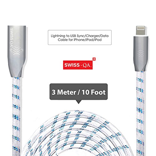 Lightning Kabel – 3m, Blau, Neustes Design – Sehr schnelles iPhone 7 Ladekabel – verstärktes USB Datenkabel mit Knickschutz – Für Apple iPhone 7 6 5, iPad, iPod – SWISS-QA Geldrückgabe Garantie - 2