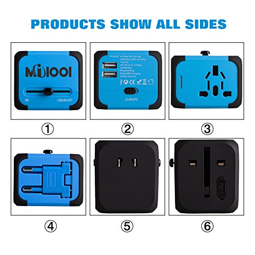 Milool universellen Reise-Adapter mit Doppel USB-Ports aus 150 Ländern weltweit US UK EU AU Universal fusionierten Sicherheit AC-in einem Ladegerät(Blau) - 7