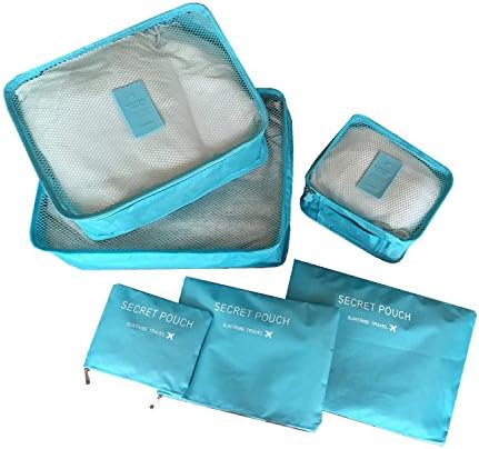 Travel Nylon Packing Organizers Cubes Luggage Organizer Bag In Bag Clothing Storage 6PC Pouch Set (Light Blue)